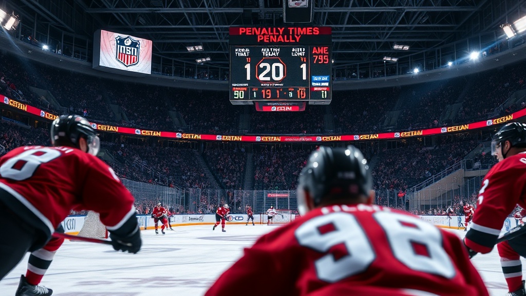 페널티 상황이 표시된 하키 경기장 스코어보드