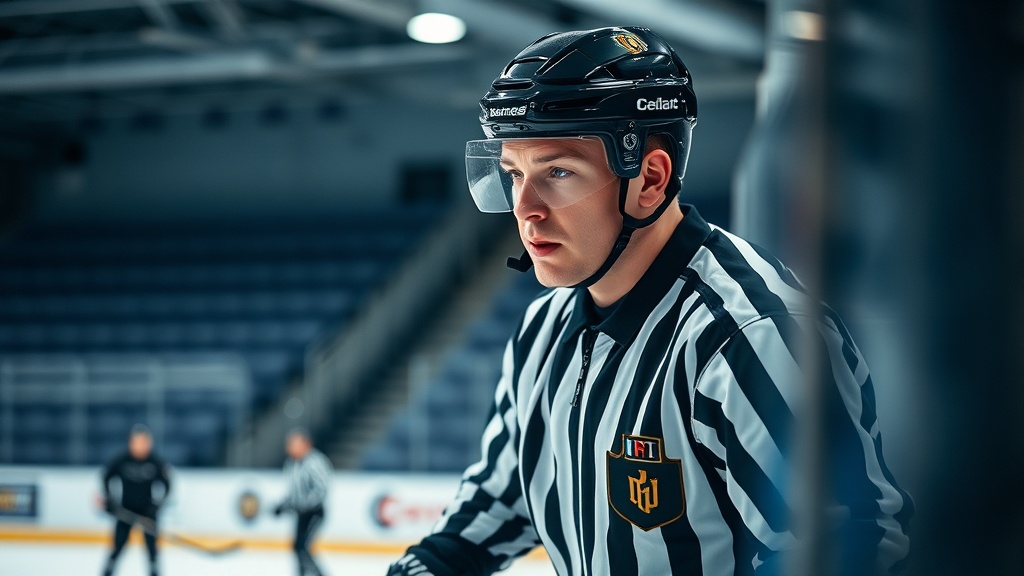 아이스링크 위에서 경기를 관찰하는 하키 심판의 모습